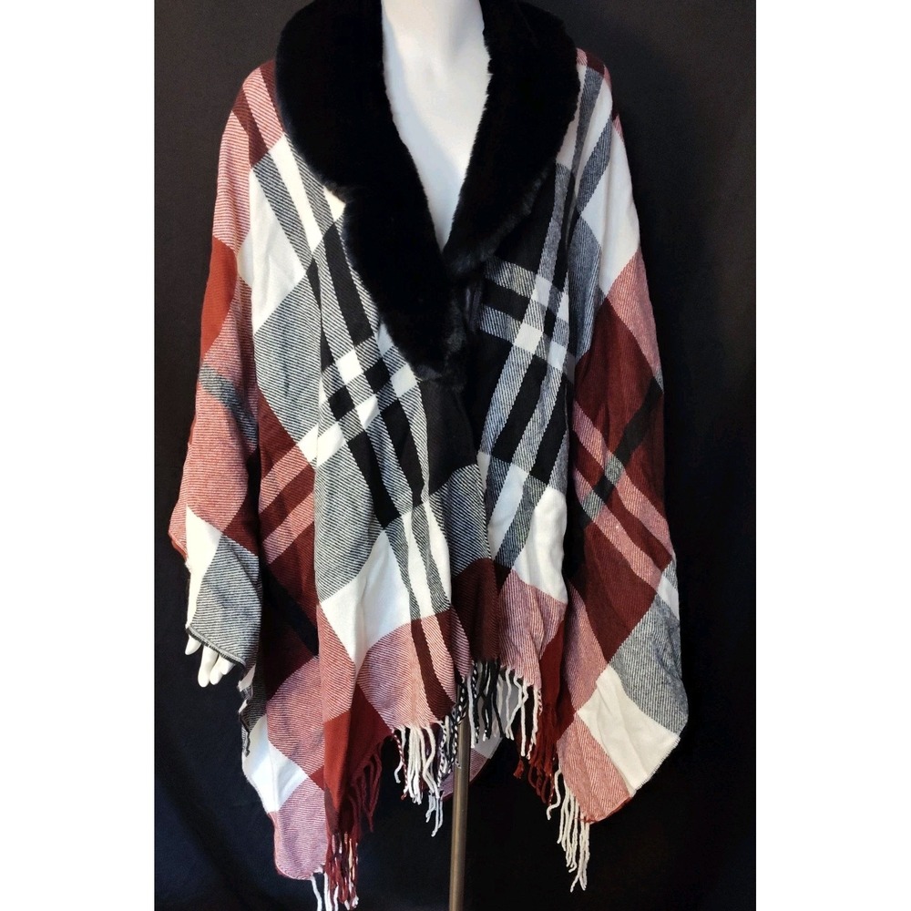 NEW Mixit cape shawl sweater faux fur acrylic wrap plaid fringed One Size